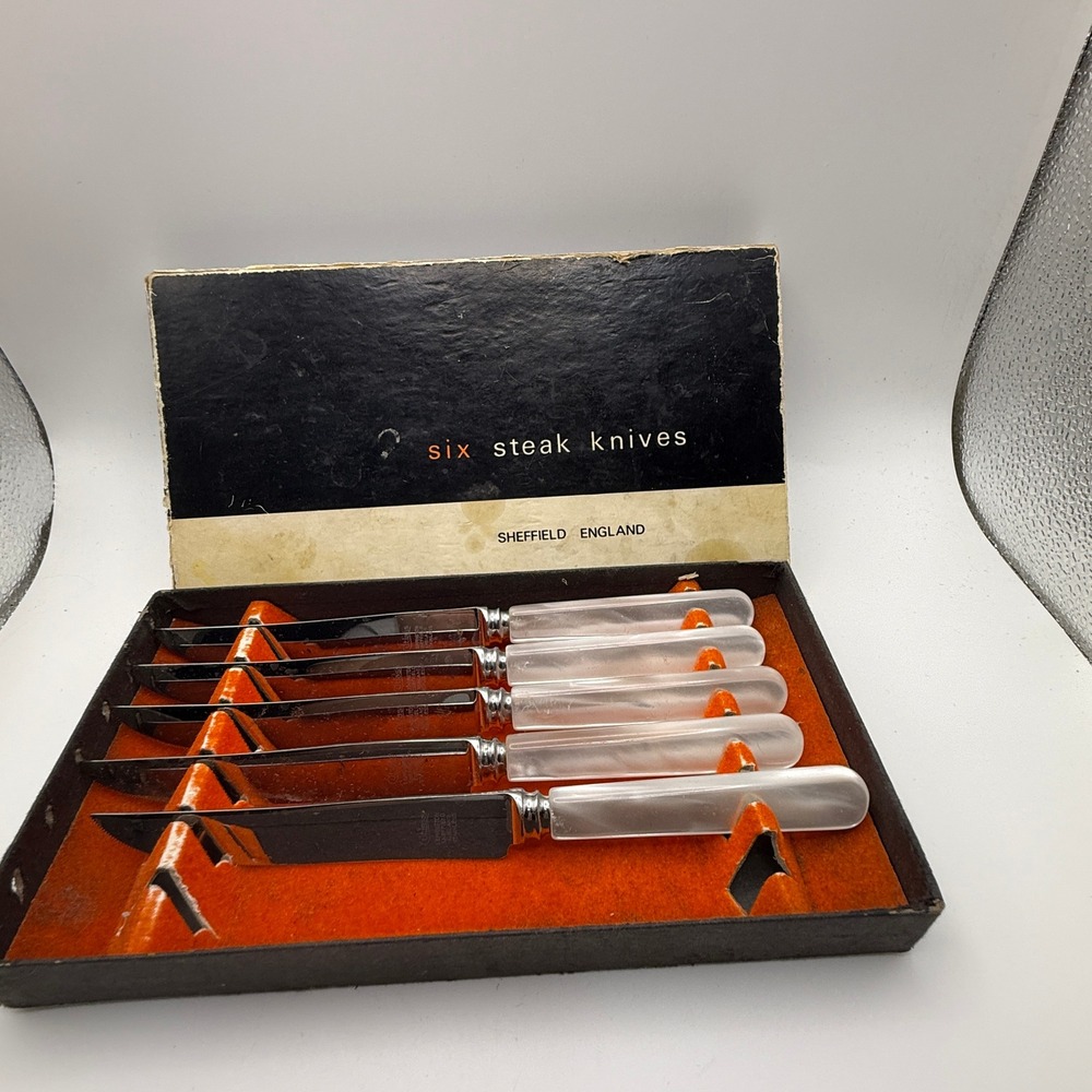 Vintage Sheffield England Hot Forged Stainless Steel Steak Knife Set of 5 White